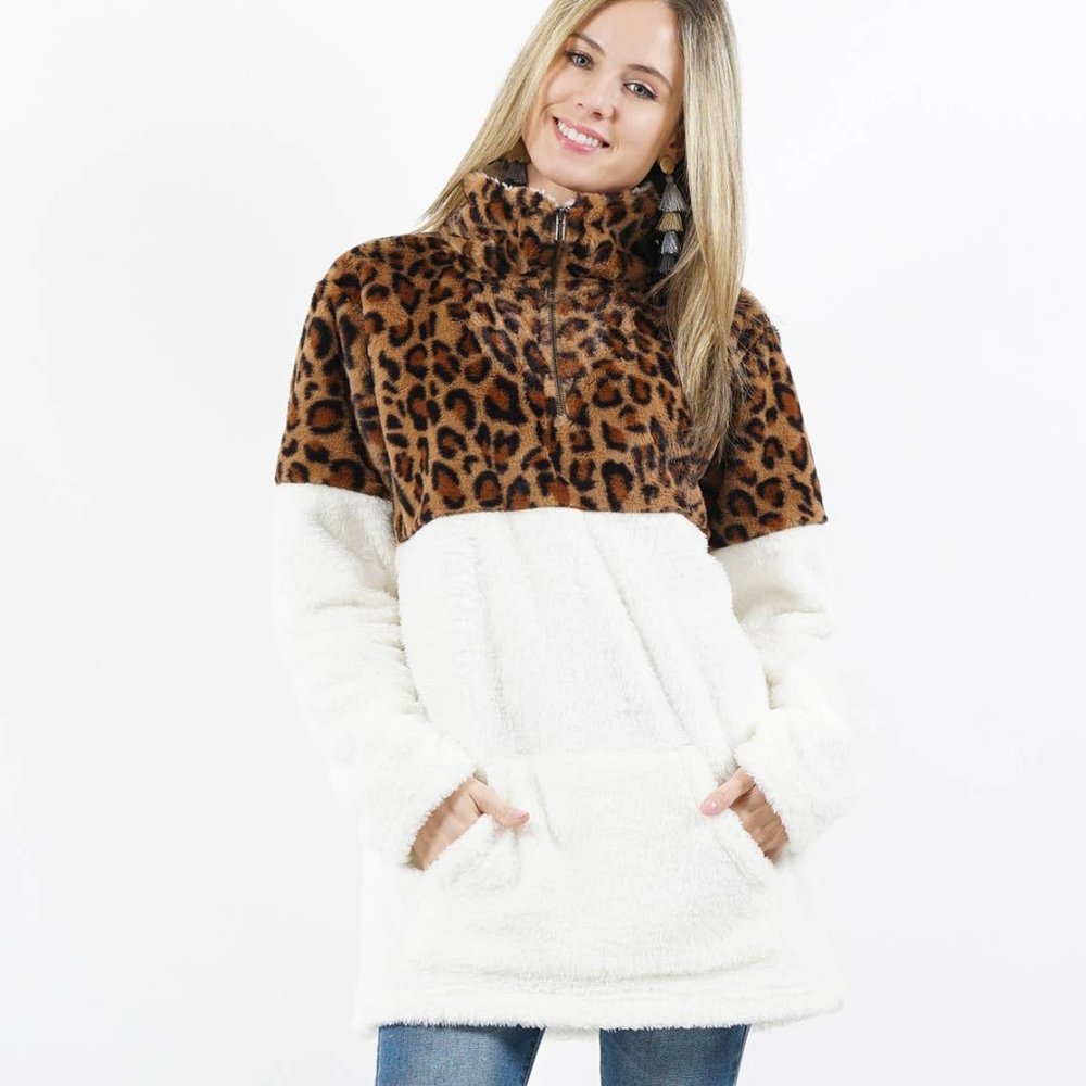 Faux Fur Leopard Contrast Pullover Jacket